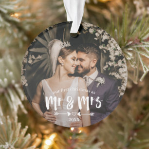 Brush Script First Christmas Mr Mrs Photo Ornament