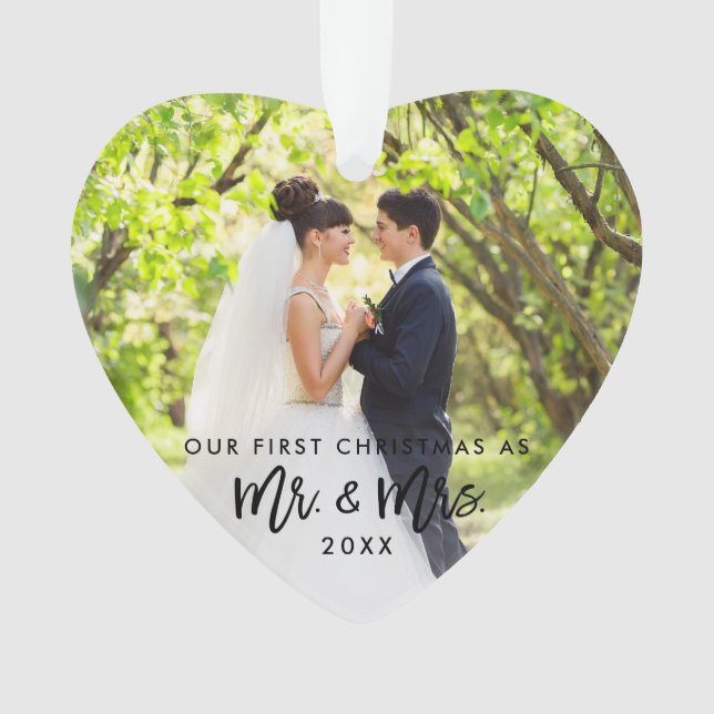 Brush Script First Christmas Mr. & Mrs. Photo Ornament (Front)