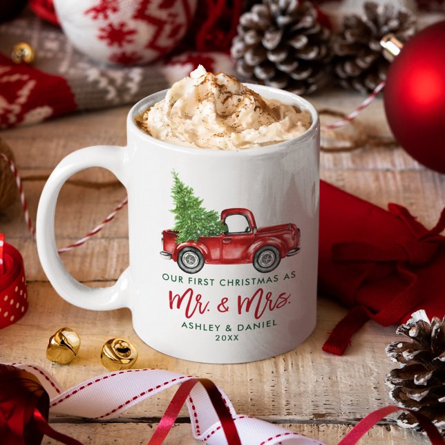 Brush Script First Christmas Mr. Mrs. Red Truck Coffee Mug (Customize to change your personalized text size or style.)