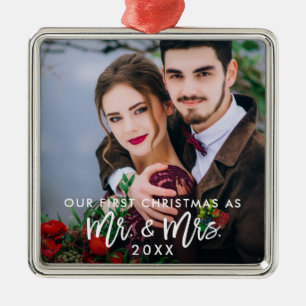 Brush Script First Christmas Mr. & Mrs. Wedding Sq Metal Ornament