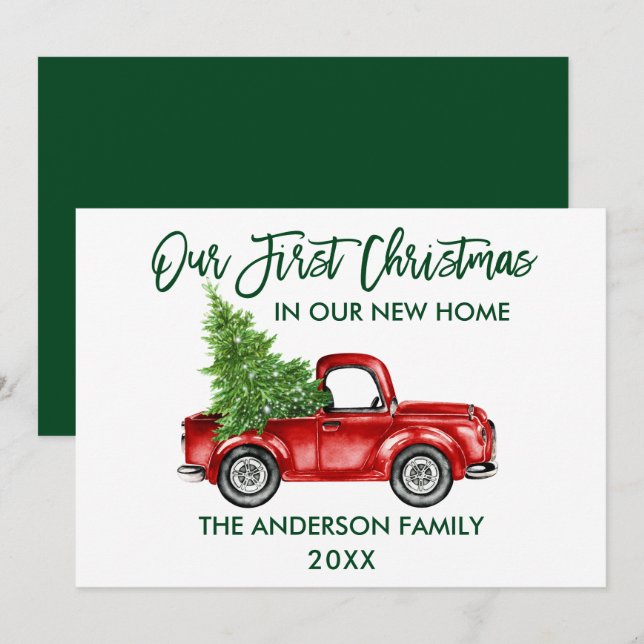 Brush Script First Christmas New Home Truck Green Holiday Card (Front/Back)