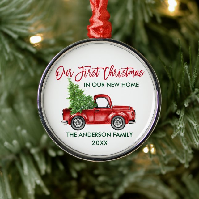 Brush Script First Christmas New Home Truck Metal Ornament (Tree)