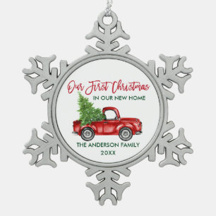 Brush Script First Christmas New Home Truck Snowflake Pewter Christmas Ornament