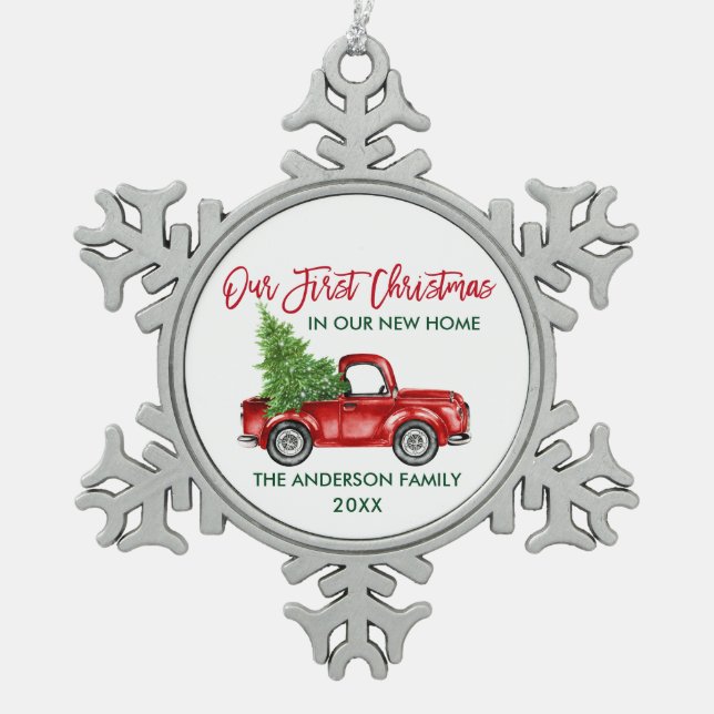 Brush Script First Christmas New Home Truck Snowflake Pewter Christmas Ornament (Front)