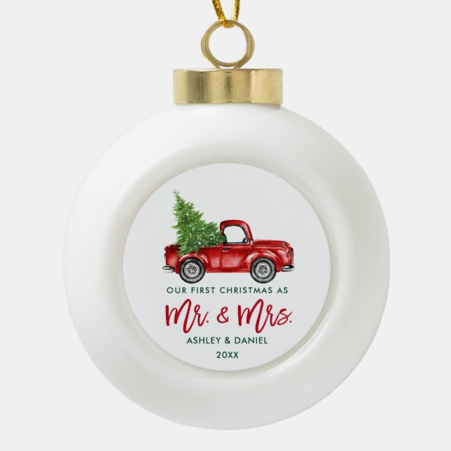 Brush Script First Christmas Red Truck Ceramic Ball Christmas Ornament (Front)