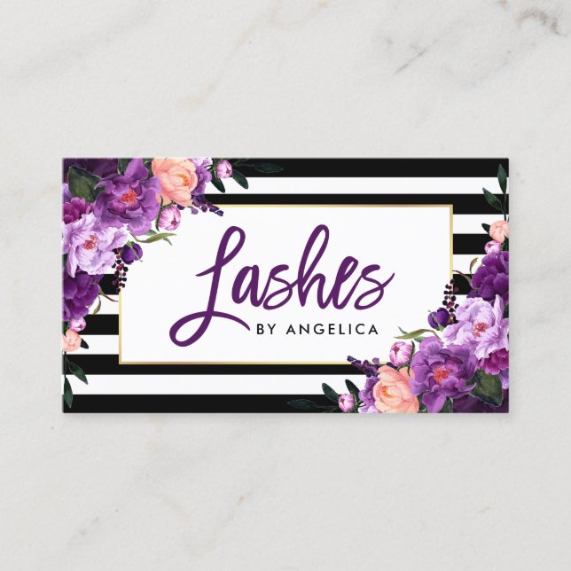 Brush Script Floral Purple Lashes Striped Business Card (Front)