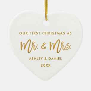 Brush Script Gold First Christmas   Photo Back Ceramic Ornament