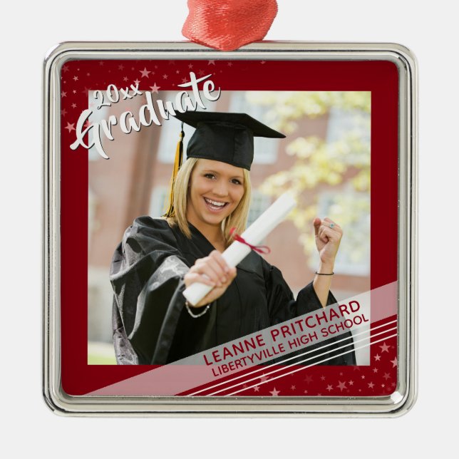 Brush Script Graduate, Red Border & Stars, Photo Metal Ornament (Front)