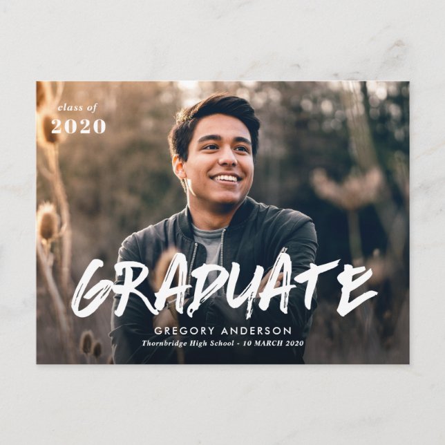 Brush script graduation photo announcement postcard (Front)