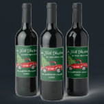 Brush Script Green First Christmas New Home Truck Wine Label<br><div class="desc">Modern Brush Script Our First Christmas in our New Home Holiday Wine Bottle Label includes Watercolor Vintage Red Truck with Christmas Tree - Forest Green</div>