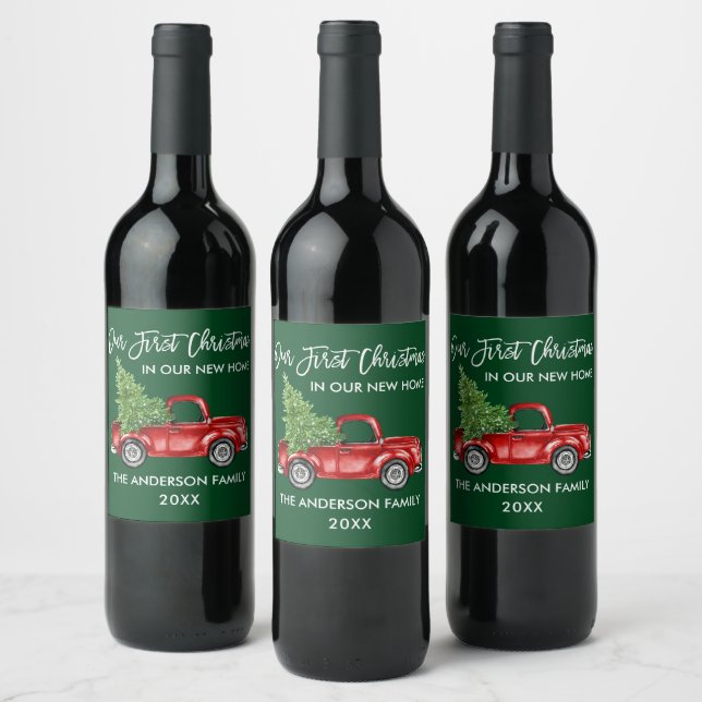 Brush Script Green First Christmas New Home Truck Wine Label (Bottles)