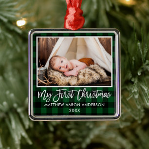 Brush Script Green Plaid Baby First Christmas Metal Ornament