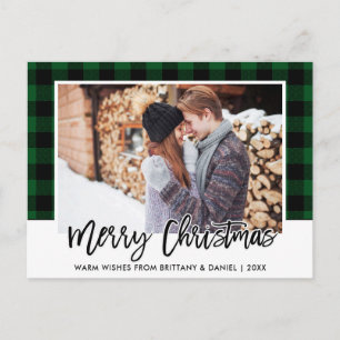 Brush Script Green Plaid Couple Photo Christmas Postcard