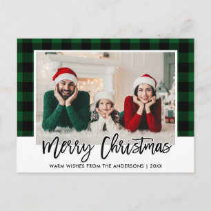 Brush Script Green Plaid Family Photo Christmas Postcard