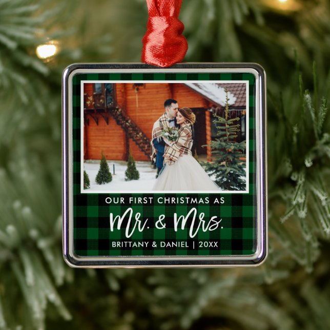 Brush Script Green Plaid First Christmas Mr. Mrs. Metal Ornament (Tree)