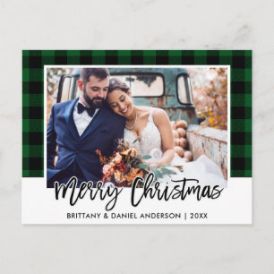 Brush Script Green Plaid Wedding Photo Christmas Postcard