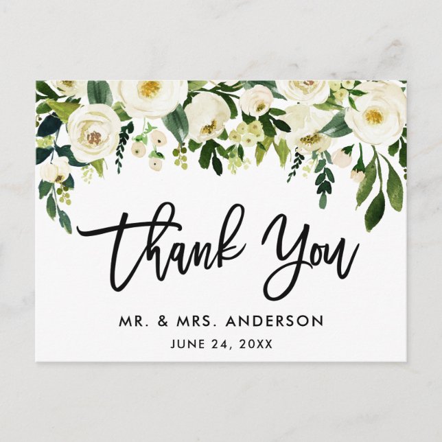 Brush Script Green White Floral Wedding Thank You Postcard (Front)
