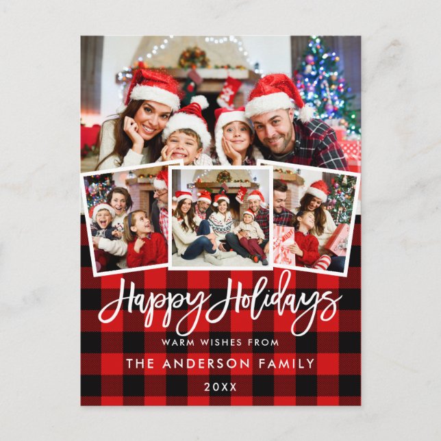 Brush Script Happy Holidays 4 Photo Red Plaid Postcard (Front)