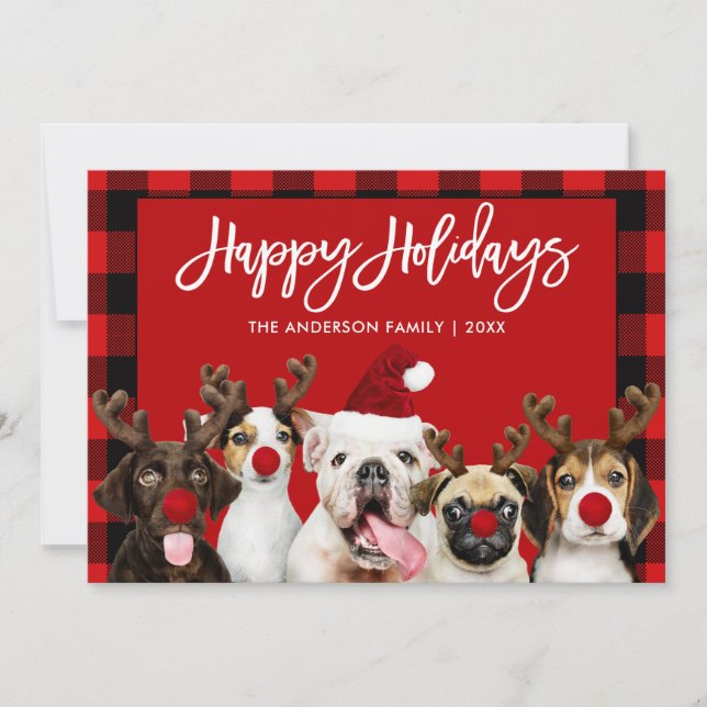 Brush Script Happy Holidays Dogs Red Plaid Holiday Card (Front)