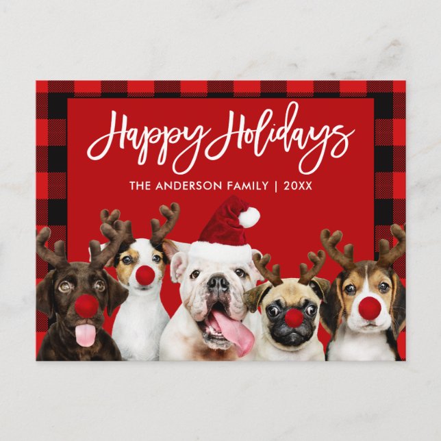 Brush Script Happy Holidays Dogs Red Plaid Postcard (Front)