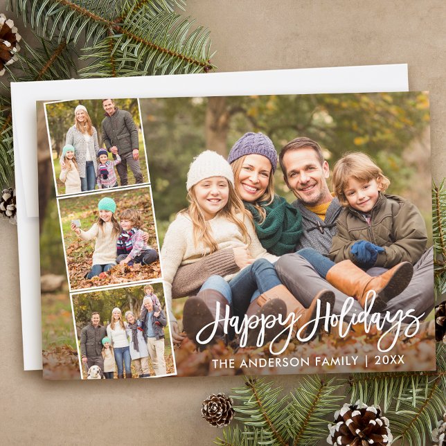 Brush Script Happy Holidays Family 4 Photo Holiday Card (Customize to add text or more photos to back of card.)