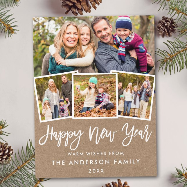 Brush Script Happy New Year 4 Photo Kraft Postcard (Customize to change your personalized text size or text style.)