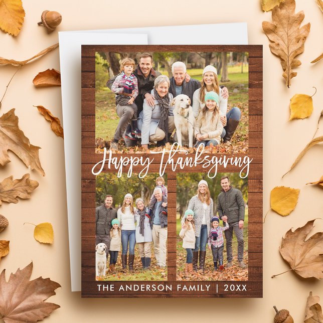 Brush Script Happy Thanksgiving Wood 3 Photos Holiday Card (Customize to add text or more photos to back of card.)