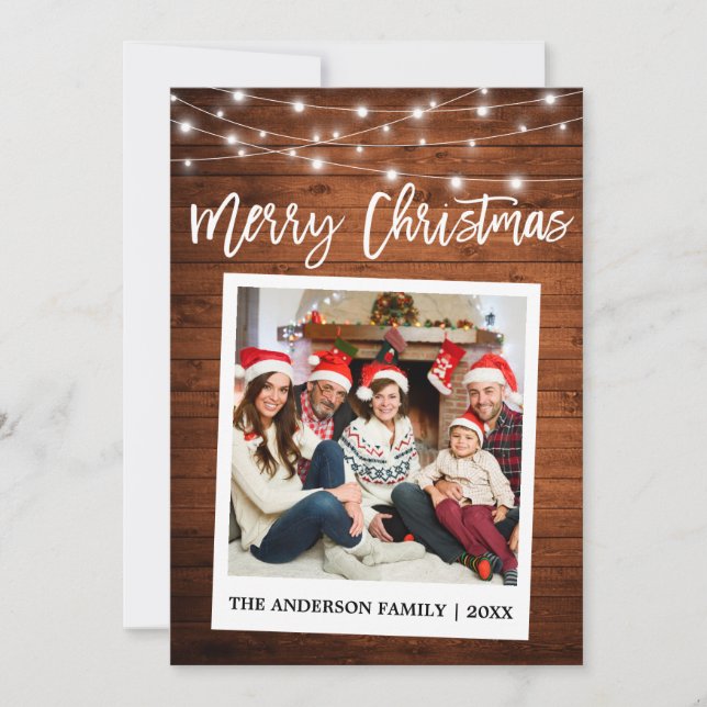 Brush Script Instant Camera Photo Wood Christmas Holiday Card (Front)