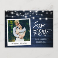 Brush Script Instant Photo Blue Wood Save The Date