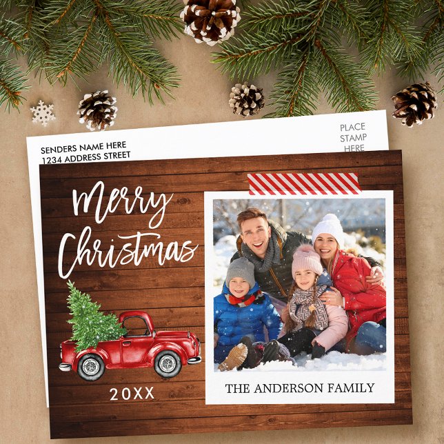 Brush Script Instant Photo Christmas Tape Truck Postcard (Customize to change your personalized text size or text style.)