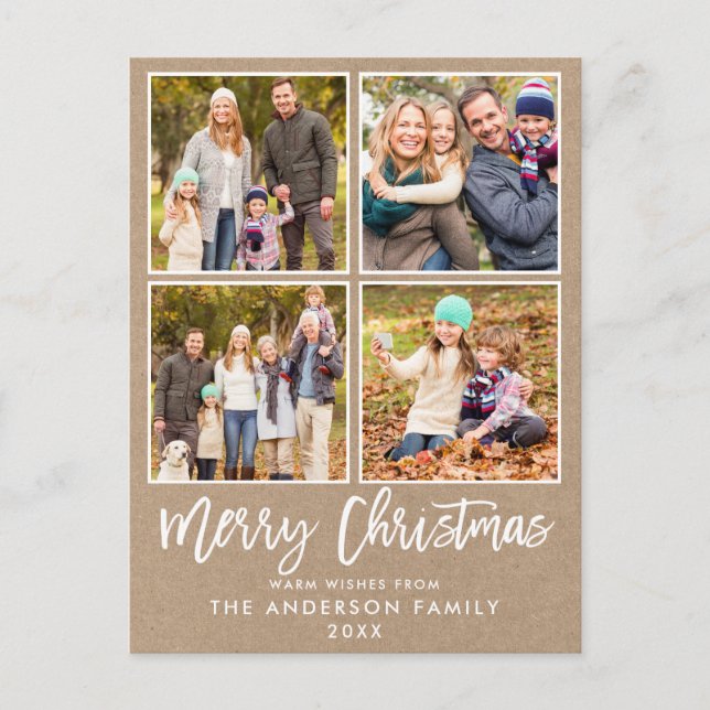 Brush Script Kraft Family 4 Photo Christmas Postcard (Front)