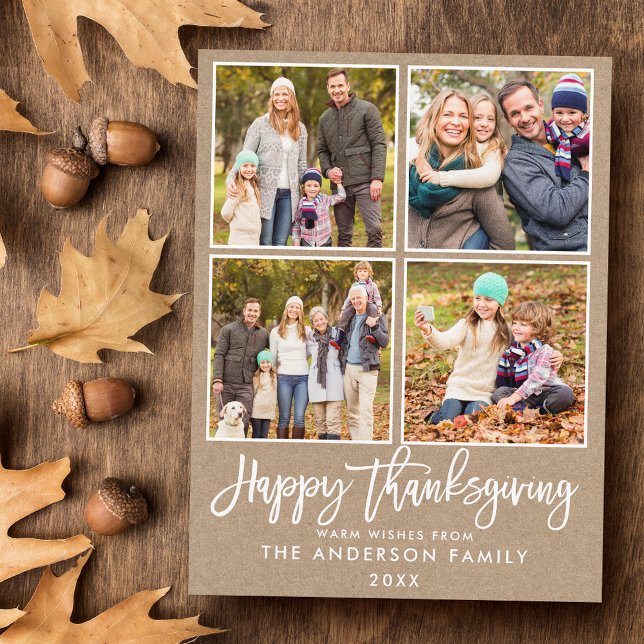 Brush Script Kraft Family 4 Photo Thanksgiving Postcard (Customize to change your personalized text size or text style.)