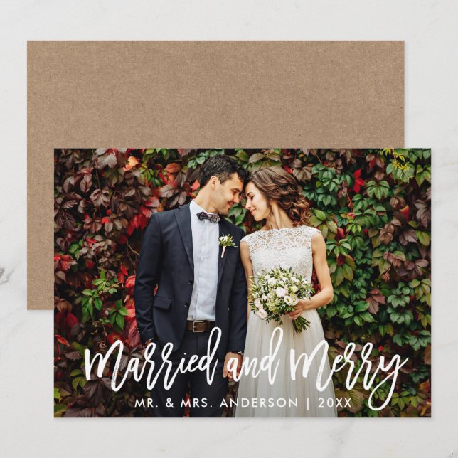 Brush Script Kraft Married & Merry Christmas Card (Front/Back)