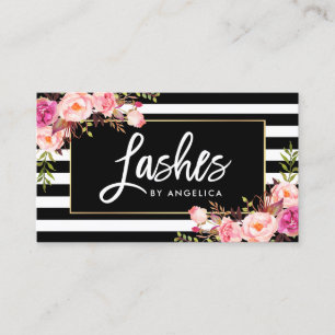 Brush Script Lashes Pink Floral Striped Business Card
