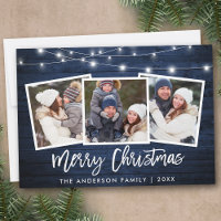Brush Script Lights Blue Wood 3 Photo Christmas