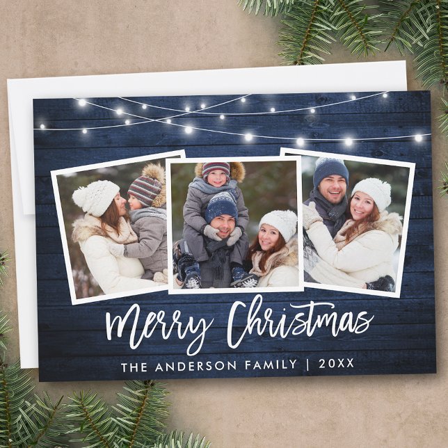 Brush Script Lights Blue Wood 3 Photo Christmas Holiday Card (Customize to add text to back of card.)