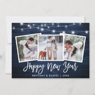 Brush Script Lights Blue Wood 3 Photo New Year Holiday Card