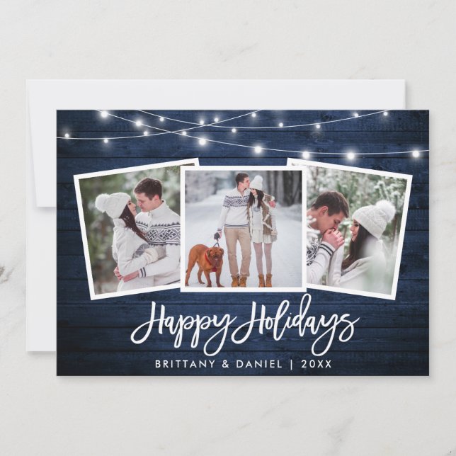Brush Script Lights Rustic Blue Wood 3 Photo Holiday Card (Front)