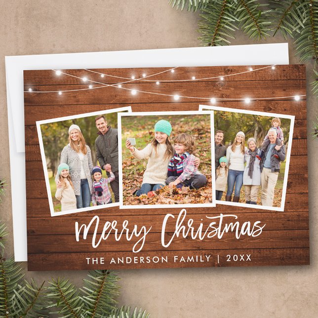 Brush Script Lights Rustic Wood 3 Photo Christmas Holiday Card (Customize to add text to back of card.)