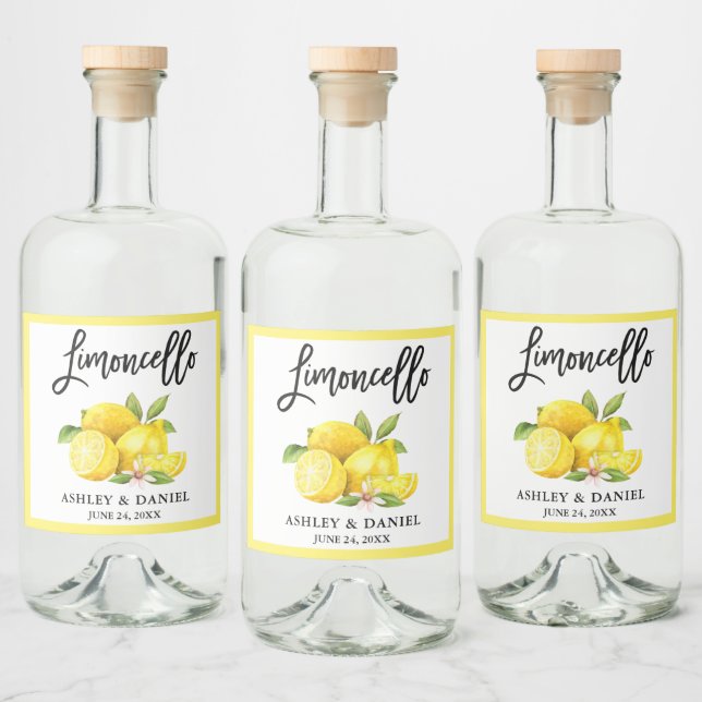 Brush Script Limoncello Watercolor Lemons Liquor Bottle Label (Bottles)