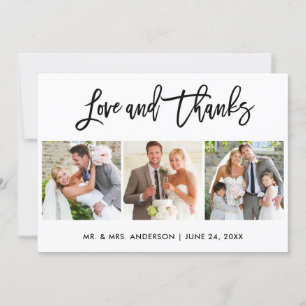 Brush Script Love and Thanks 3 Photo Wedding Thank You Card