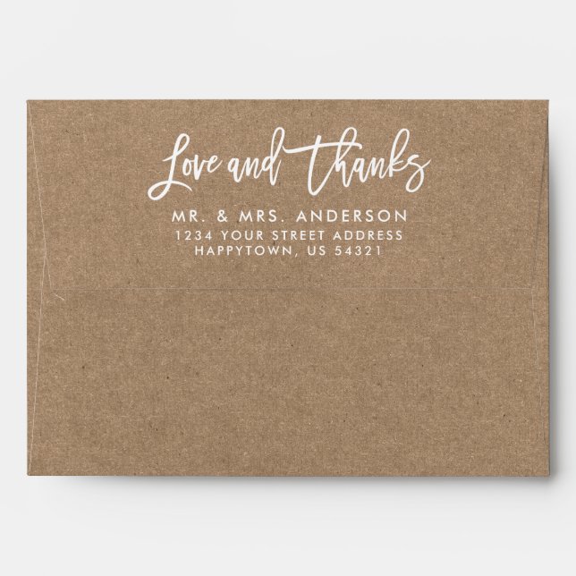 Brush Script Love and Thanks Kraft Style Wedding Envelope (Back (Top Flap))