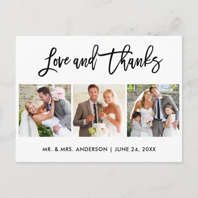 Brush Script Love and Thanks Wedding 3 Photo Postcard (Front)