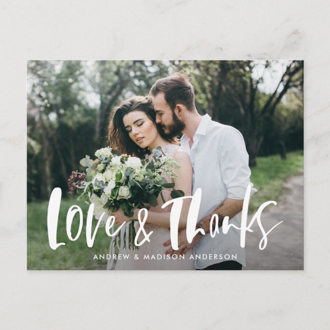 Brush Script Love & Thanks Photo Wedding Thank You Postcard (Front)