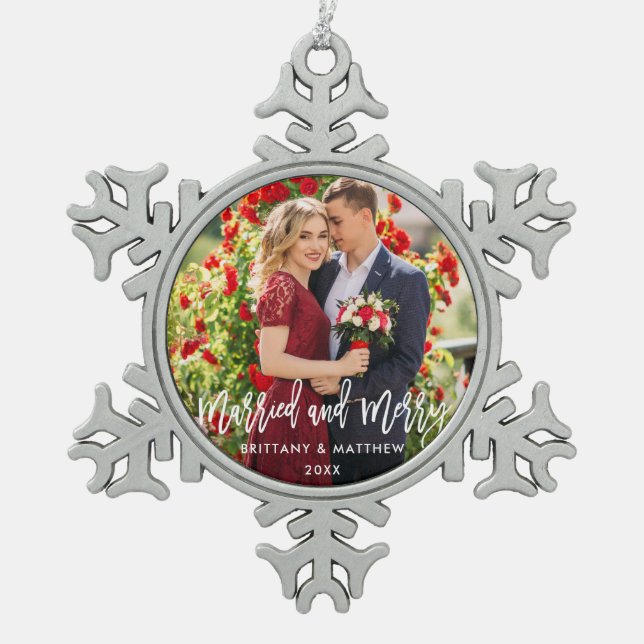 Brush Script Married and Merry Photo Wedding Snowflake Pewter Christmas Ornament (Front)