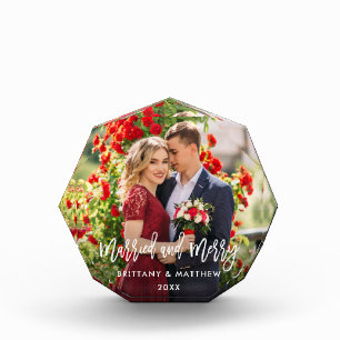 Brush Script Married & Merry Photo Wedding Octagon Block