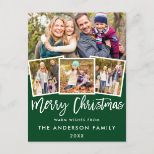 Brush Script Merry Christmas 4 Photo Green Postcard