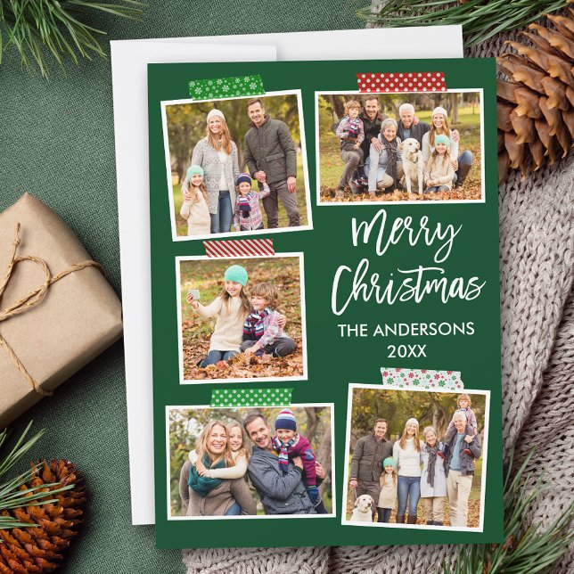 Brush Script Merry Christmas Craft Tape Green Holiday Card (Customize to add text or more photos to back or to change background color of card.)