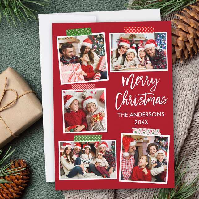 Brush Script Merry Christmas Craft Tape Red Holiday Card (Customize to add text or more photos to back or to change background color of card.)