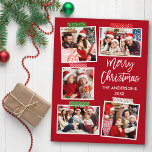 Brush Script Merry Christmas Craft Tape Red Postcard<br><div class="desc">Modern Brush Script Merry Christmas 5 Photo Collage with Craft Tape Holiday Postcard. Red Background.</div>